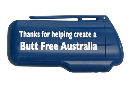 Blue ashtray printed with Thanks for helping create a Butt Free Australia