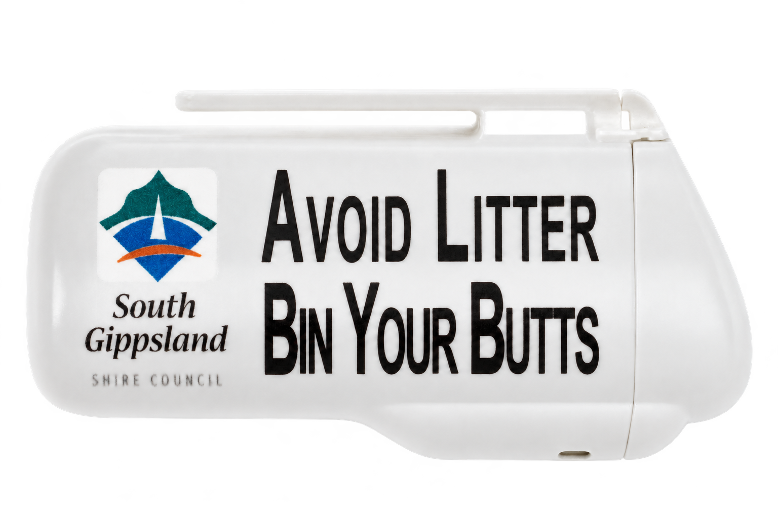 White ashtray with South Gippsland Avoid Litter Bin Your Butts printing